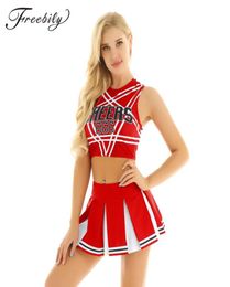 Vrouwen volwassen charmante cheerleader uniform cosplay fancy clubkleding kostuums pentagram terug crop top met mini geplooide rok set6134303