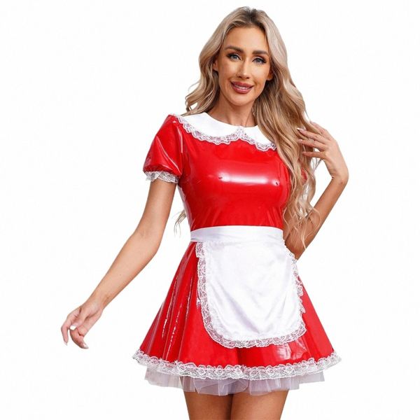 Mujeres Adultos Uniforme de mucama francesa Disfraces de cosplay con abril Collar de muñeca Manga de soplo Volantes de encaje Charol A-Line Dr 67lr #