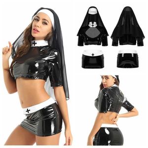 Dames Volwassenen Sexy Naughty Nun Cosplay Kostuums Halloween Rollenspel Outfit Crop Top met Bodycon Rok en Hoofddeksel voor Clubkleding 210616