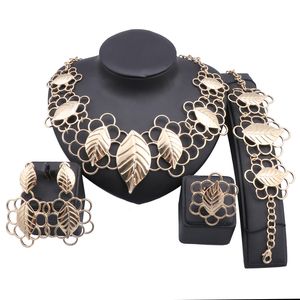 Vrouwen Afrikaanse kralen sieraden sets bladeren ketting oorbel ring armband goud kleurstatement accessoires sieraden set