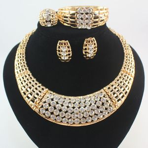 Ensemble de bijoux africains pour femmes plaqué or 18 carats avec strass complet collier boucle d'oreille Bracelet anneaux bijoux de fête de mariage