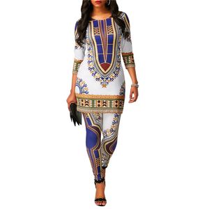 Femmes Africain National Imprimer Deux Pièces Ensemble avec Manches Longues T-shirt Haut Pantalon Leggings Indie 2 Pièces Tenues