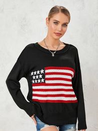 Suéter de la bandera americana de las mujeres Impresión vintage Manga larga Cuello redondo Jersey de punto 90s Jersey de punto estético Streetwear 240201