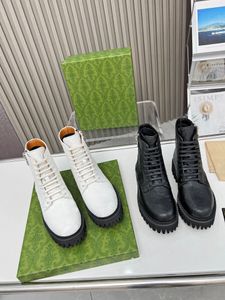 Dames enkellaars martens laarzen rubberen zool blokhak plateauzolen zwart wit kalfsleer winter korte buit veterschoenen hoge hak pompen luxe ontwerp 35-43Box