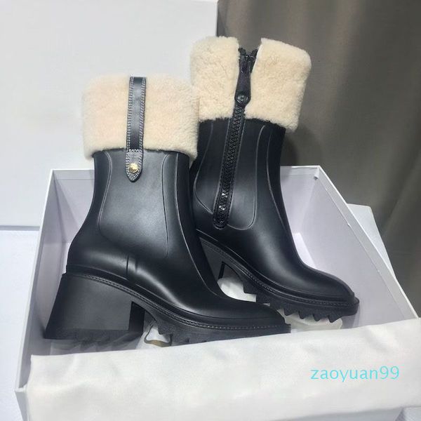 Femmes bottine PVC Betty bottes de pluie bottes imperméables avec fermeture éclair dames filles tête carrée botte haute hiver mohair chaussette Mar