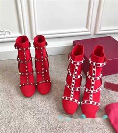 Botines de tobillo para mujer Calcetín con tachuelas Bota Zapatos de moda Calcetín de punto elástico recortado con cuero Tacón alto