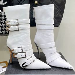 Femmes bottines automne hiver mi-mollet bottes en cuir véritable femmes chaussures bout pointu talons aiguilles boucle décor élégant tendance