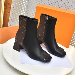 Femmes Boots Boots Classic Imprimés Cowskin Leather Bootes Designer Boot Shake Boot 5.5cm Chunky Talons carrés Toe Black Party Shoes Taille35-42 5.5 06