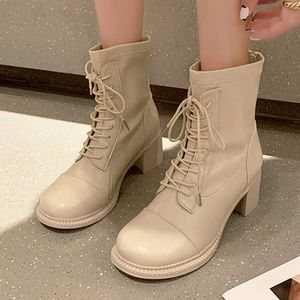 Vrouwen enkellaars vrouwelijke veter-up blok hak korte boot dames mode pu lederen lente herfst outdoor schoenen damesschoenen y0910