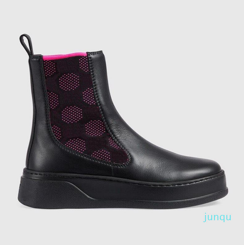 Women Ankle Boots With Fuchsia Jersey Black White Leather Roman Boot Martin Boots Fashion Flat Booties Loop at The Back