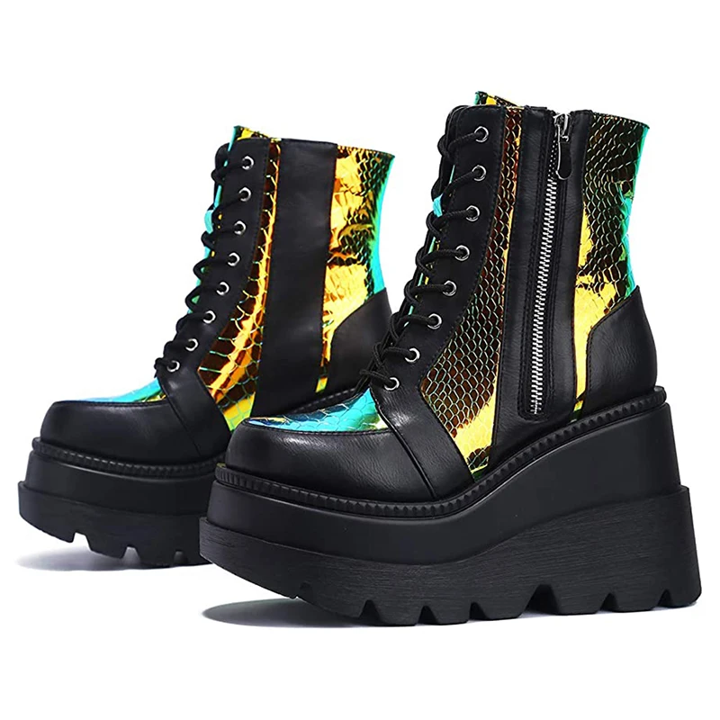 Femmes Boots Boots Zip Laser plat Chunky Heel coin plate-forme féminin Pumps Femelles Toe Round Lolita Punk Cool Girl Harajuku chaussures