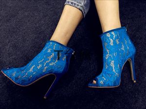 Envío de tobillo para mujeres 2019 Botas gratis Booties de encaje Fashion Stiletto High Heel Sexy Peep Toes Open Toes Fiesta de boda Tamaño de boda 34-42 Azul 937