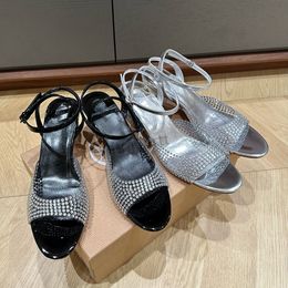 Dames enkelriem sandalen kristallen decoratie 5,5 cm dikke blok hiel glip op sandaalavond kleding schoenen luxe ontwerpers fabrieksschoenen 34-42 met doos