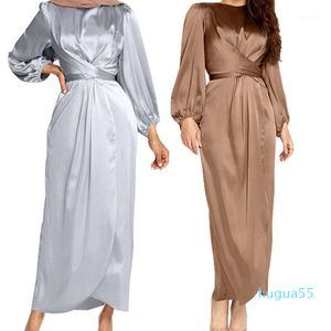 Vrouwen Arabische Moslim Satijnen Bladerdeeg Lange Mouw Maxi Jurk Solid Color Wrap Front Self-Tie Abaya Dubai Turkije Hijab Robe Kaftan1