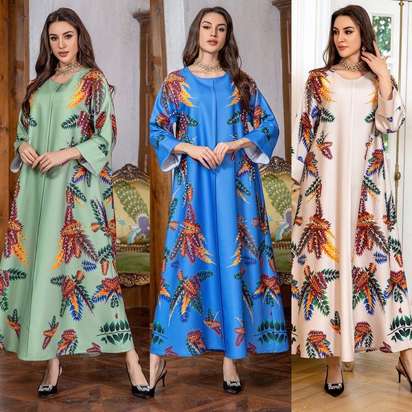 Mujeres Árabe Dubai Túnica Moda Impreso Cuentas De Diamantes Elegantes Vestidos De Noche Musulmanes Ramadán Medio Oriente Estilo Étnico Elegante Vestido De Fiesta Abaya