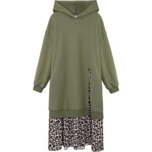 Damesleger Groen Zwart Hooded Sweater Jurk Leopard Patchwork Lange Mouw A-lijn Midi Lente Herfst D2389 210514