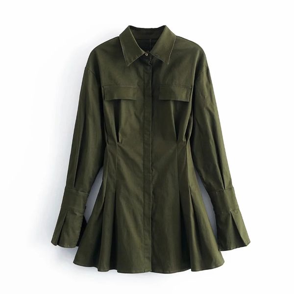 Mujeres Ejército Verde Delgado Mini Camisa Vestido Mujer Turndown Collar Ropa de manga larga Casual Lady Vestido D7018 210430