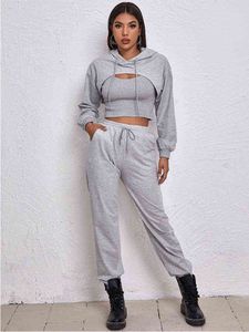 Vrouwen Athflow-stijl Hoodie driedelig pak Solid Crop Bare Midriff Sweatshirt Athleisure Vest en Pant Outfits ingesteld voor sport T220729