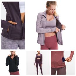 LL Последние модные популярные дизайнерские женские спортивные куртки из хлопчатобумажной ткани с полной молнией, облегающие тренировочные куртки для бега с карманами
