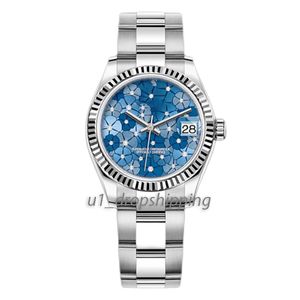 Luxe dames automatisch mechanisch horloge 31 mm kleine horloges blauwe kersenbloesem wijzerplaat volledig roestvrijstalen band automatische kalender