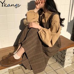 Mujeres otoño 2 unids conjunto vintage coreano cintura alta tela escocesa estilo preppy correa correa una línea vestido plisado manga soplo top blusa camisa 210619