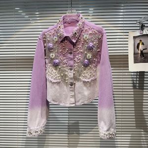 Femmes automne 3d fleurs broderie enget en perle en termes de jean dégradé de couleur violette en veste de colorant de floral