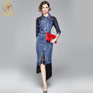 Dames herfst en winter elegante holle borduurwerk denim jurk hoge kwaliteit vintage partij gewaad femme patchwork kant lange vestidos 210520