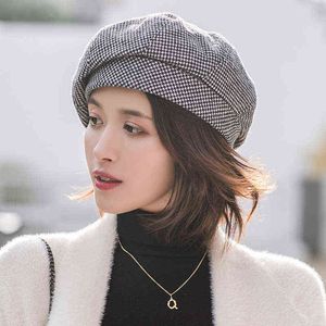 Femmes automne et hiver béret en laine Pure rétro octogonal loisirs coton grille chapeau à la mode dame béret J220722