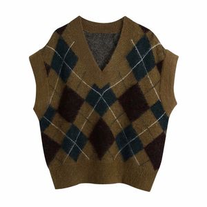 Femmes Automne Argyle Laine Tricoté Gilet Pull Vintage Col En V Manches Lâche Femelle Mode Rue Gilet Pulls Manteaux 210513