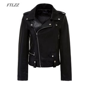 Femmes automne noir Faux cuir souple veste manteau fermeture éclair basique col rabattu moto Punk vêtements d'extérieur 210430
