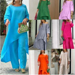 Femmes Automne Coton décontracté lin O Cou Nou Solid Pullover Elegant Fashion Wide Jame Pant de jambe Irréguleuse Top à manches longues COMMUTES 2404152