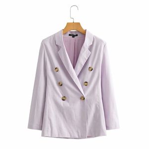 Femmes Automne Casual Violet Coton Lin Blazer Outwear Femme Mode Double Boutonnage À Manches Longues Bureau Lady 210421