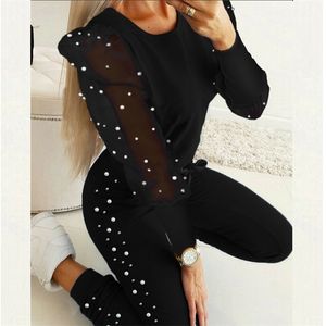 Femmes automne Cold Shouder survêtement ensemble dame taille haute pansement pantalon 2 pièces ensemble perles d'hiver à manches longues costumes goutte 220315