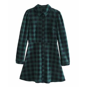 Vrouwen herfst corduroy plaid mini jurk vintage lange mouwen turn-down kraag mode vrouwelijke elegante straat shirts jurken vestido 210513