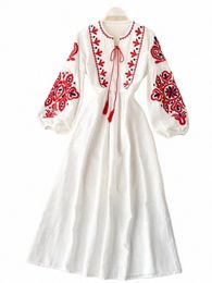 Vrouwen Herfst Dres Bohemian Geborduurde Fr O-hals Lantaarn Mouw Hoge Taille Geplooide Dr Match Vrouwelijke Vestidos PL393 x3NG #