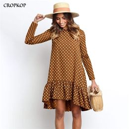 Vrouwen herfst jurk mode polka dot chiffon lange mouw o nek ruche vrouwelijke casual geel retro vestido mujer 210623