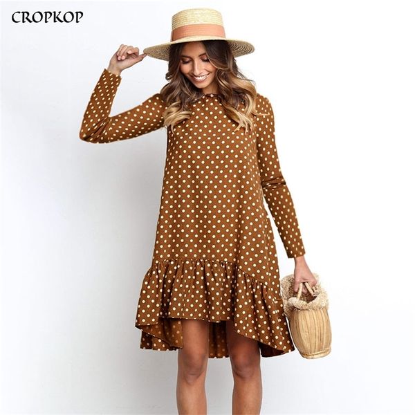 Femmes Automne Robe Mode Polka Dot Robe En Mousseline De Soie À Manches Longues O Cou Volant Femme Casual Robe Jaune Rétro Robe Mujer 210304