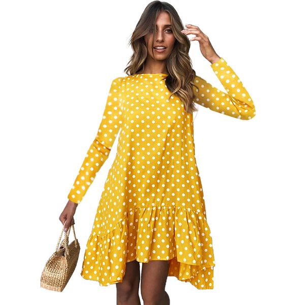 Femmes Automne Robe De Mode À Pois En Mousseline De Soie Robe À Manches Longues O Cou À Volants Femme Casual Jaune Robe Rétro Robe Mujer 210426