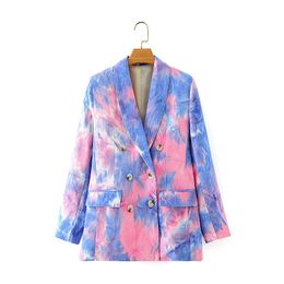 Vrouwen Herfst Mode Kleurrijke Tie-Dye Pirnt Double Breasted Lange Blazers Vrouwelijke Stijlvolle Mouw Blazer Uitloper FEMM 210421