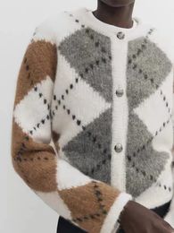 Cardigan tricoté à manches longues pour femmes, motif diamant, rétro, Chic, Style boutons, tout assorti, manteau, mode automne, 240201