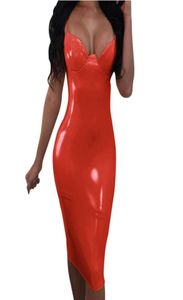 Vrouwen herfst mode faux lederen latex jurk v nck sexy slank pvc zwart wit roze rood lang feest plus size casual jurken7938390