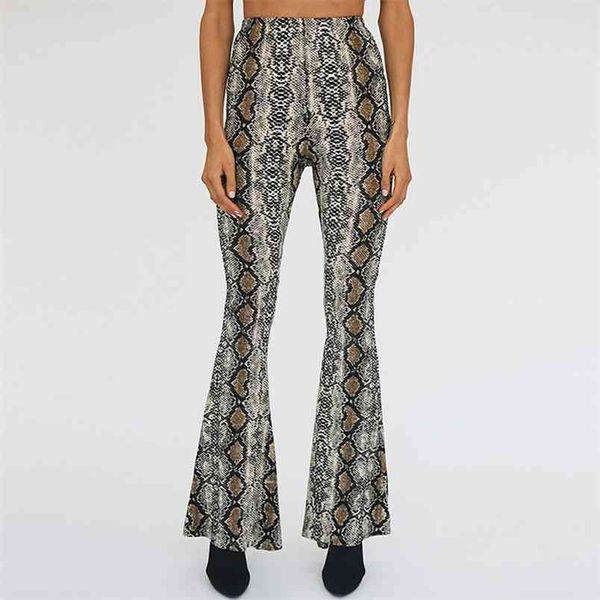 Femmes Automne Mode Peau De Serpent Imprimer Pantalon À Jambe Large Sexy Party Club Flare Casual Taille Élastique Pantalon Pantalones 210517