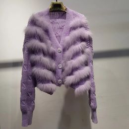 Dames Herfst Gebreid Vest Met Echt Vossenbont Streep Vrouwelijke Mode Lange Mouw Geuine Voor Bont Gebreide Jas Met Knoop 240102