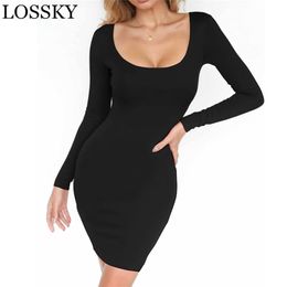 Dames Herfst Lange Mouwen Bodycon Mini Black Dress Sexy Square Ronde Solid Slanke Basic Elastische Partij T-shirt Bandage ES 210507