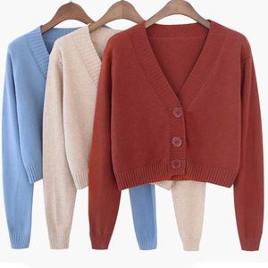 Femmes Automne À Manches Longues Pull Cardigan Sexy Col En V Bouton Vers Le Bas Veste Courte Doux Solide Bonbon Couleur Lâche Tricoté Outwear C 210922