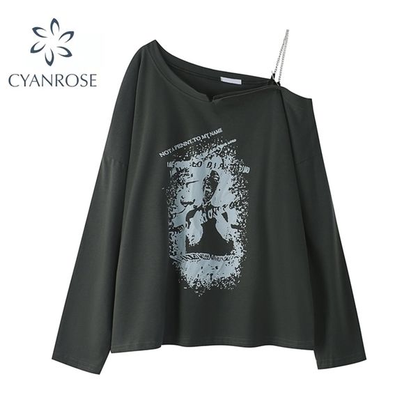 Femmes Automne À Manches Longues T-shirt O-cou Graffiti Impression Style Américain Vintage Mode Casual Pull Coréen Tee Top 220408