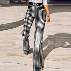 Dames Herfst Slanke Bodycon Broek Spring Hoge Taille Knoopt Office Suit Broek Houndstooth Plaid Print Straight Mujer 220325