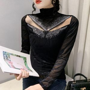 2023 Femmes Automne Top Winter T-shirt T-shirt Fashion Casual Coltollneck Forage à manches longues Drivel Diamond Hollow Out Mesh Tops Black High Collar