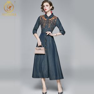 Dames Herfst Vintage Denim Borduurwerk Lange Jurk Hoge Kwaliteit Elegante Partij Robe Femme Designer Runway Vestidos 210520