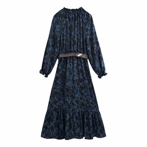 Femmes automne Vintage robe à manches longues col rond imprimé ceintures mode rue femme élégante mi-mollet robes vêtements Vestidos 210513